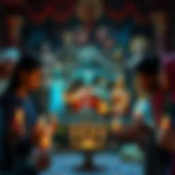 A group of people representing different cultures, offering prayers and candles at an altar with various deities from multiple mythologies