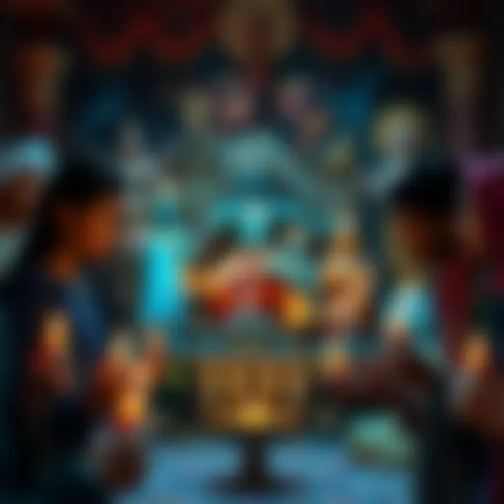 A group of people representing different cultures, offering prayers and candles at an altar with various deities from multiple mythologies