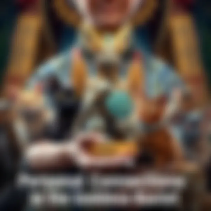 A person holding a small statue of the goddess Bastet surrounded by cats, representing personal connections and experiences related to Bastet.