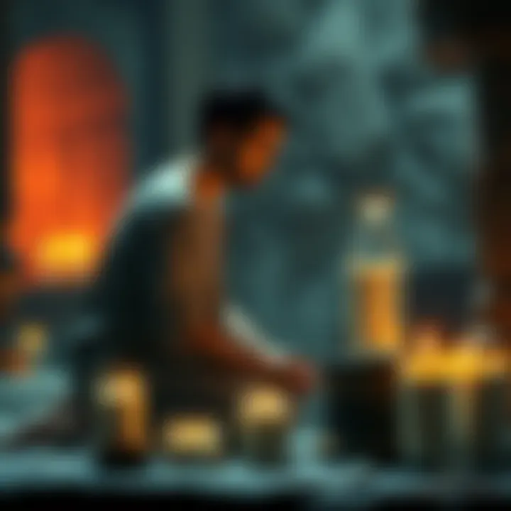 A person kneeling before an altar with sour milk offerings, looking anxious and deep in thought about their connection with Hermes.