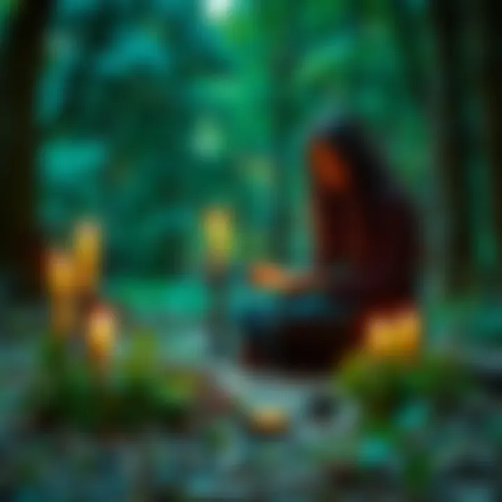 Worshipping Hecate in Nature A woman lighting candles and setting up an altar in a forest clearing, surrounded by herbs and symbols of Hecate.