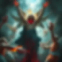 A wounded figure representing God surrounded by chaos, with angels bringing blood and horrors to Earth.