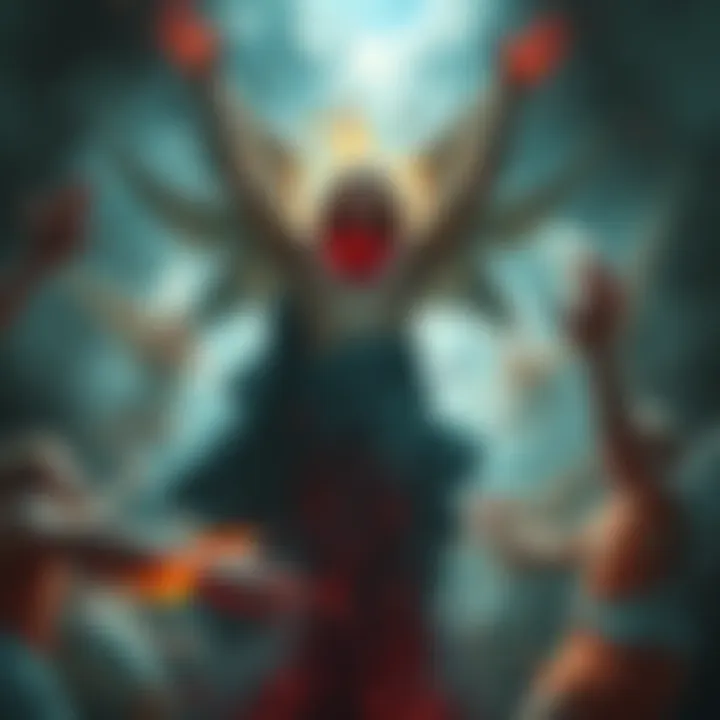 A wounded figure representing God surrounded by chaos, with angels bringing blood and horrors to Earth.