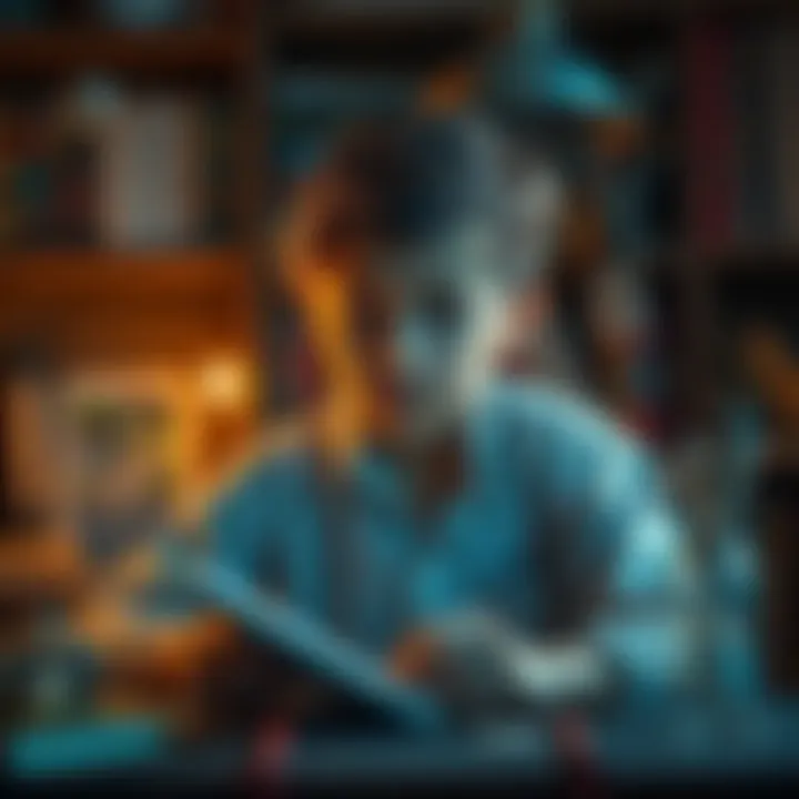An aspiring children's writer surrounded by books, magical charms, and writing tools, looking hopeful as they search for ways to attract literary agents.