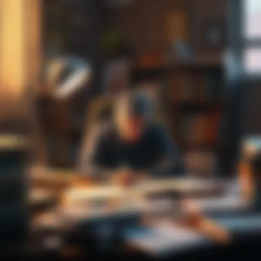 A writer sitting at a desk, surrounded by books and papers, looking contemplative while writing about their journey with ALS and creating a children's book.