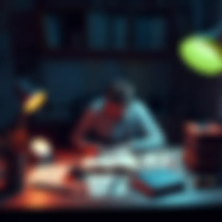 A person sitting at a desk, writing a letter in a unique language, surrounded by symbols and creative tools, reflecting a personal connection to Hermes.
