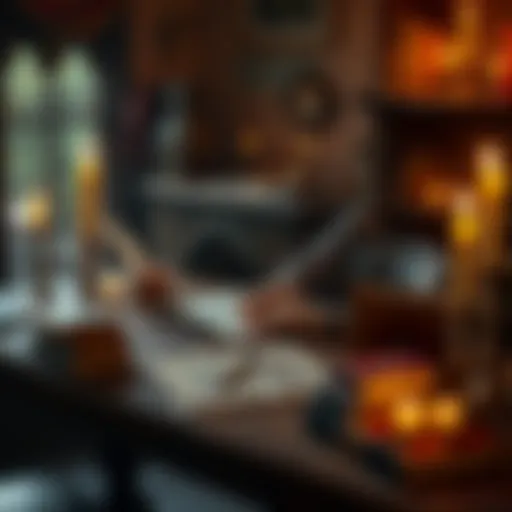 A person sits at a wooden table, writing on parchment with a quill, surrounded by candles and ancient books, representing the act of myth-making as a sacred offering.