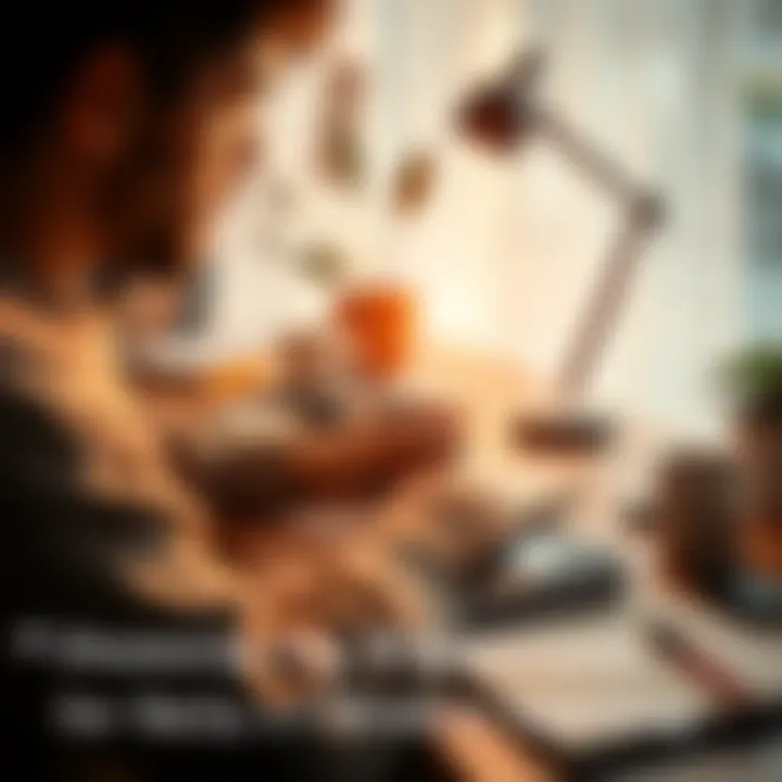 A person sitting at a desk, writing daily and weekly questions in a notebook, surrounded by a cup of coffee and a plant