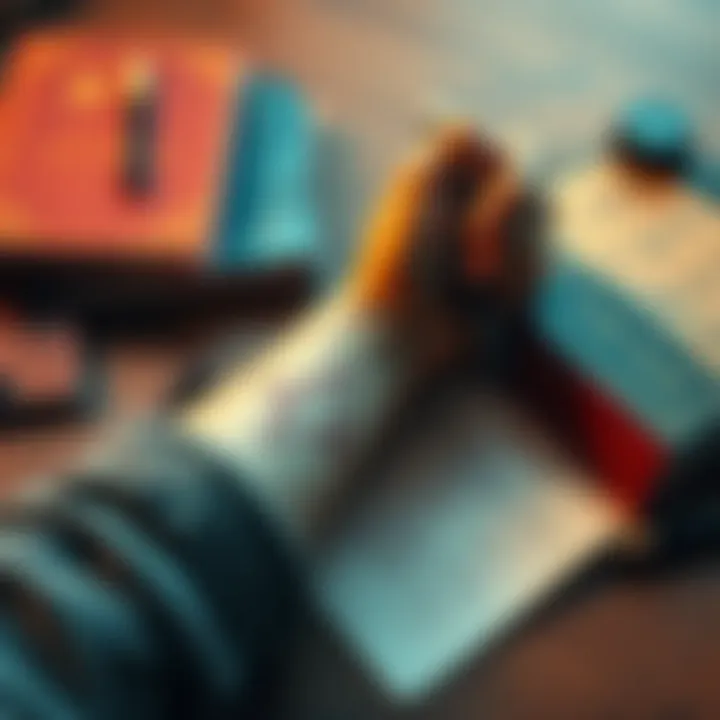 A person writing sigils on their arm with a marker, symbolizing good luck for exams, surrounded by study materials like books and notes.