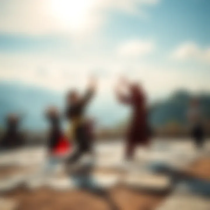 Group of people practicing Tai Chi on Wudang Mountain, showcasing their fluid movements against a scenic backdrop of mountains and trees.