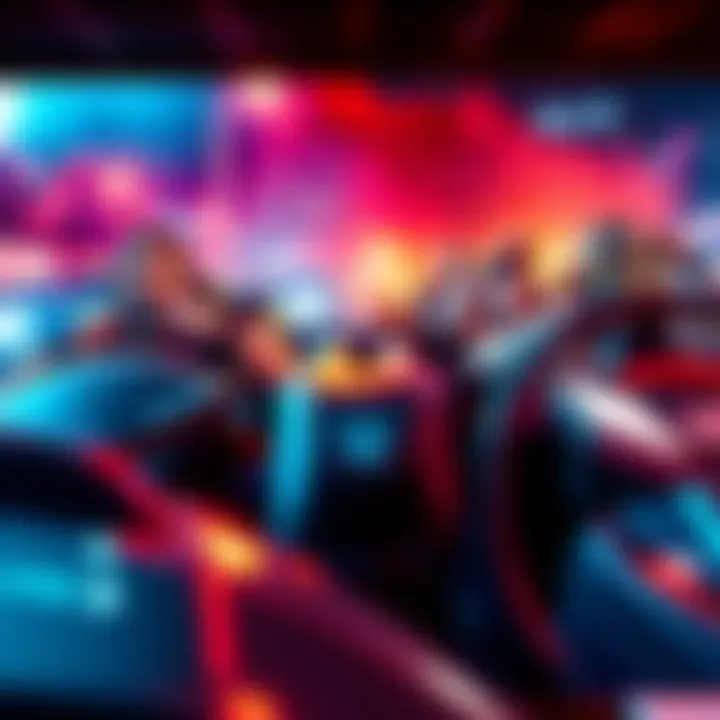 WWE wrestlers driving cars in a vibrant racing scene, engaging in a battle while racing