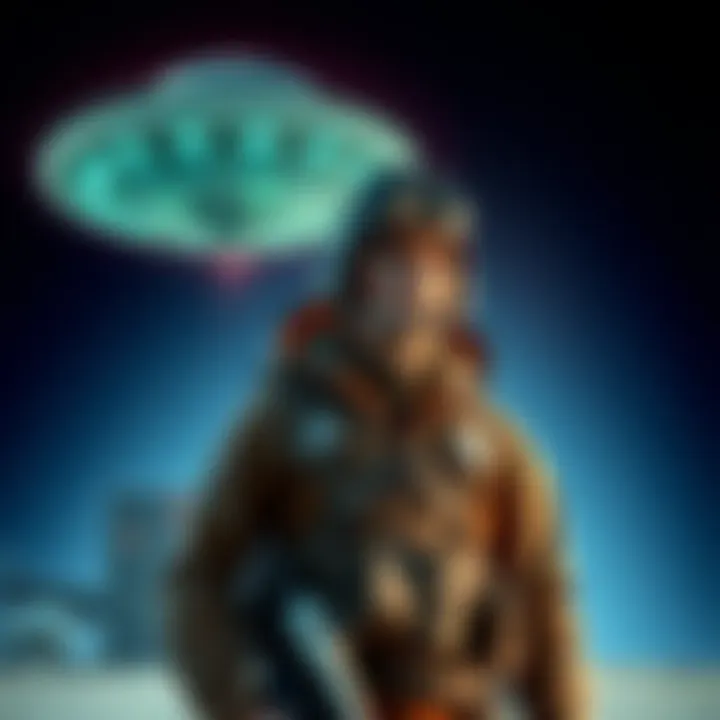 World War II Pilot with UFO A WWII pilot in flight gear stands next to a futuristic-looking UFO at Area 51, symbolizing alien collaboration.