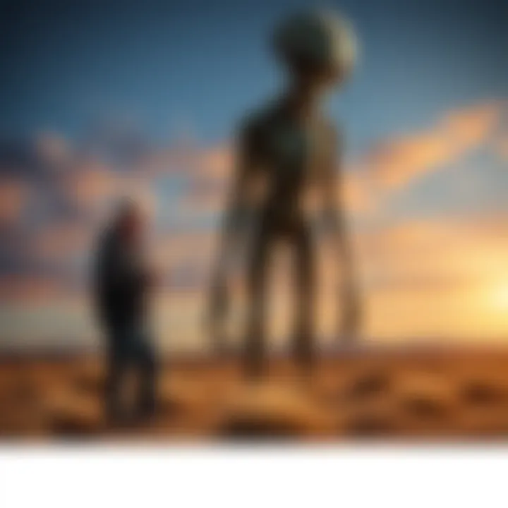 A Wyoming man standing in a field, telling a story about his alien abduction experience with a tall alien named Ausso One.
