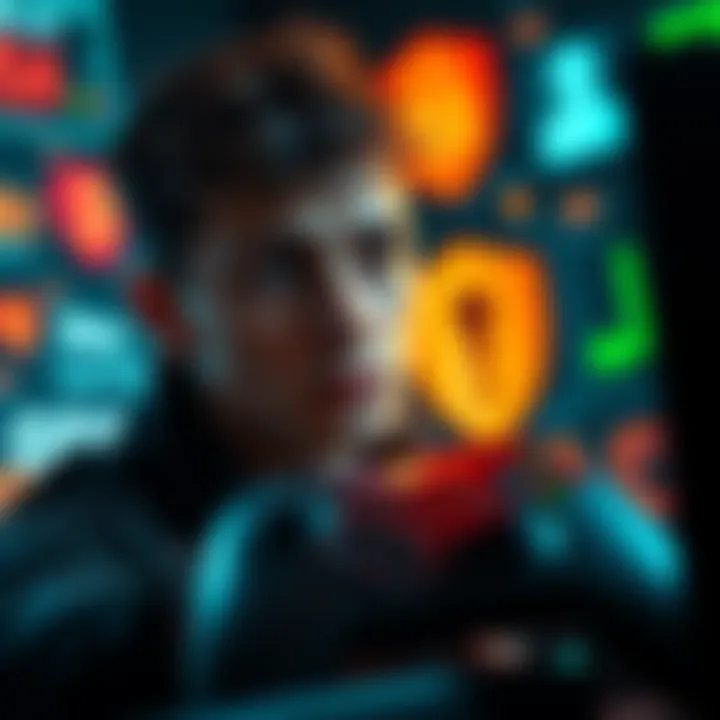 A gamer looking concerned while playing on an Xbox console, with security icons in the background.
