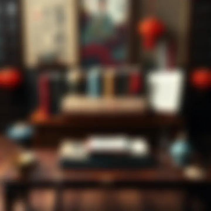 A display of Xutang's 10 volumes featuring formal sermons, letters, and farewell poetry on a wooden table surrounded by Zen-inspired decorations.