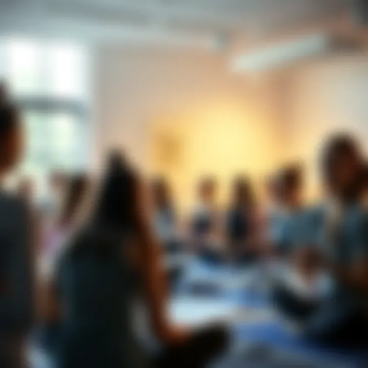 A group of diverse yoga students studying in a bright classroom during a YACEP certification course.