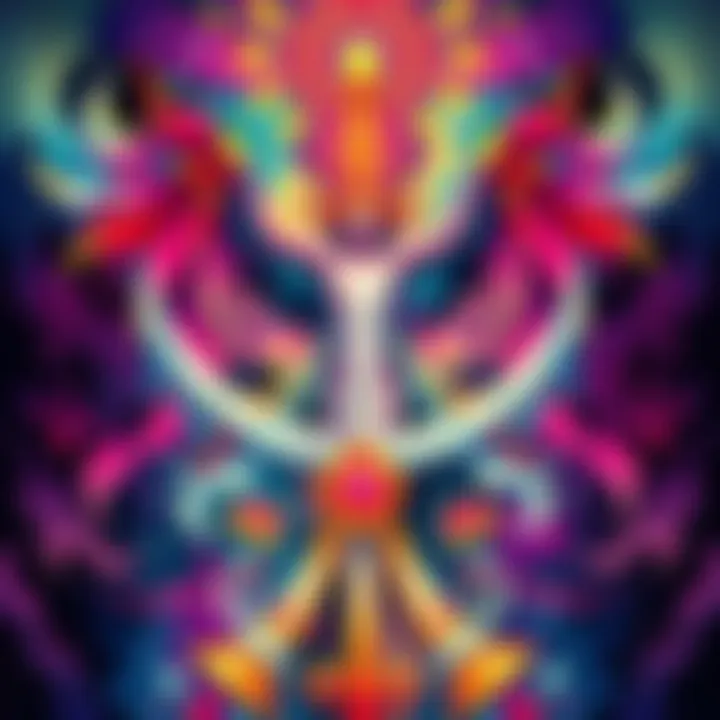 A creative illustration showing the figure of Yaldabaoth, incorporating vibrant colors and abstract shapes, blending art with philosophical themes.
