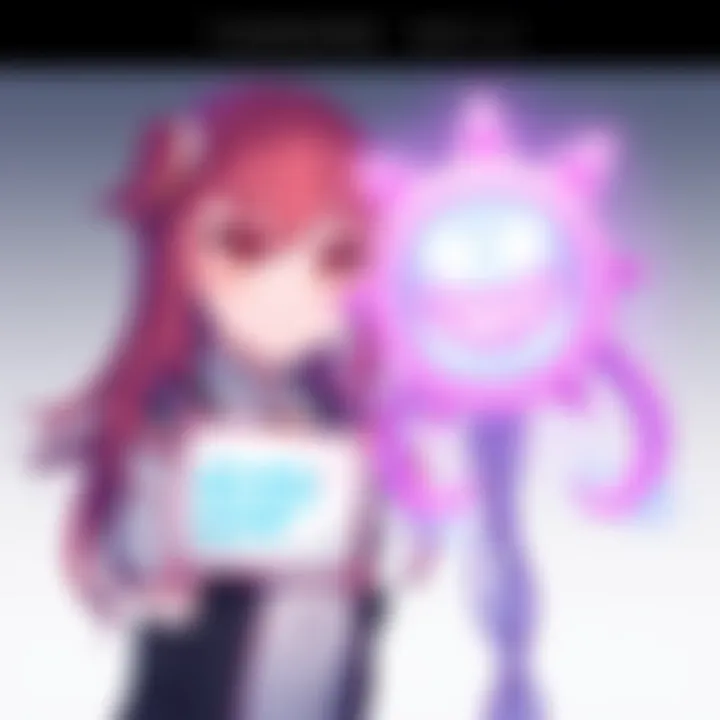 A yandere character with intense eyes and a playful smile, standing beside a symbolic representation of a specific SP, showing the contrast in personalities.