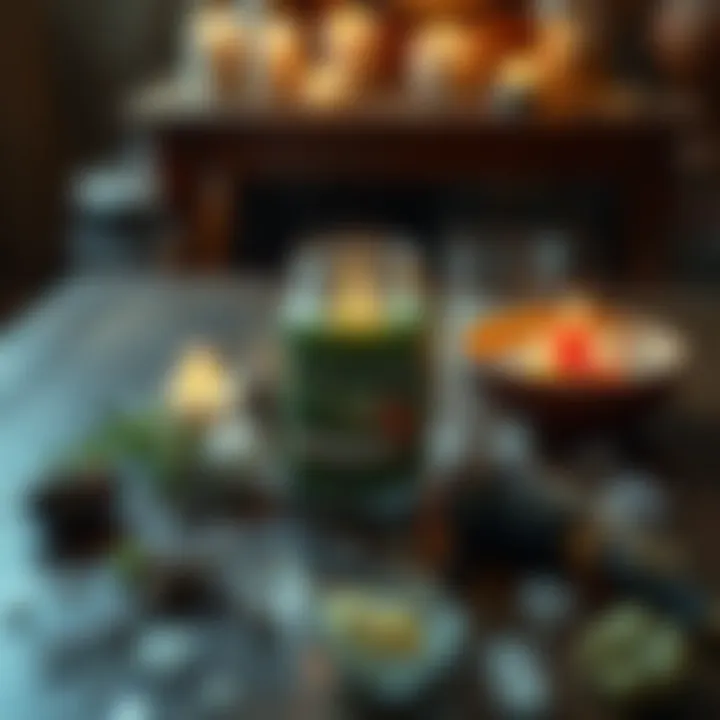 A Yankee Candle lit on a wooden table surrounded by herbs and crystals, suggesting a spellwork scene
