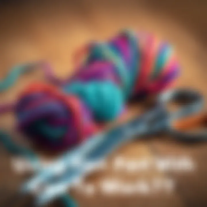 A close-up of a skein of colorful yarn lying next to a pair of open scissors on a wooden table.