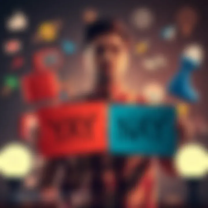 A person contemplating choices with two signs, one saying 'Yay' and the other 'Nay', surrounded by modern cultural icons