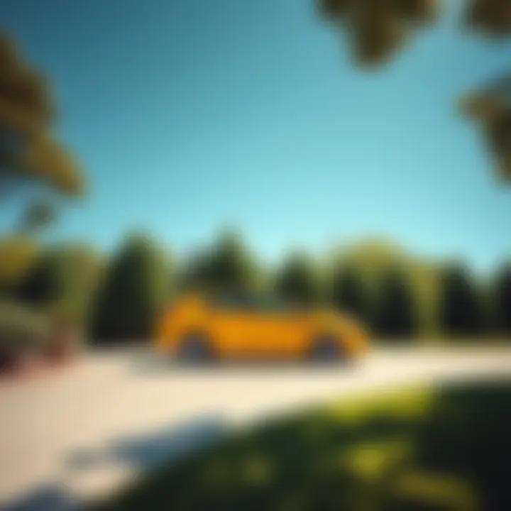 A bright yellow car parked under a clear blue sky, surrounded by green grass and trees, evoking childhood memories.