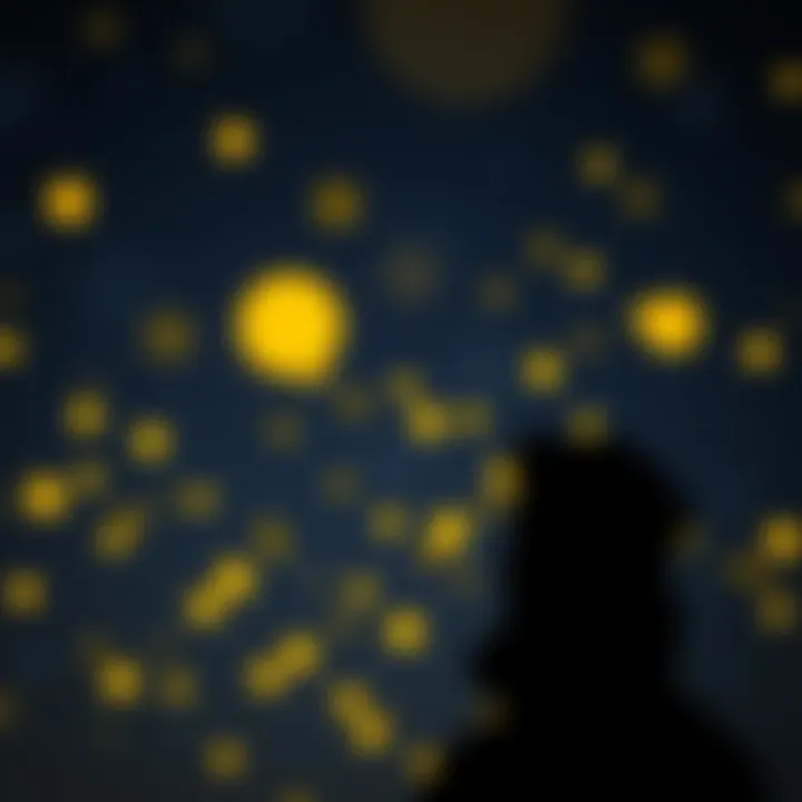 A serene night scene featuring glowing yellow orbs hovering in the dark sky, creating a calm atmosphere as a person gazes up in wonder.