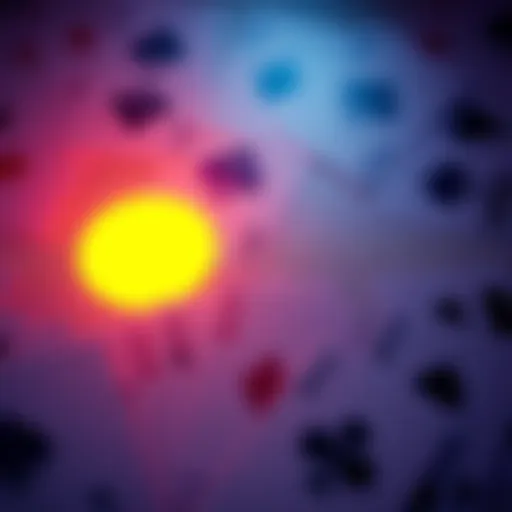 A colorful array of playing cards with a bright yellow circle highlighted among them.