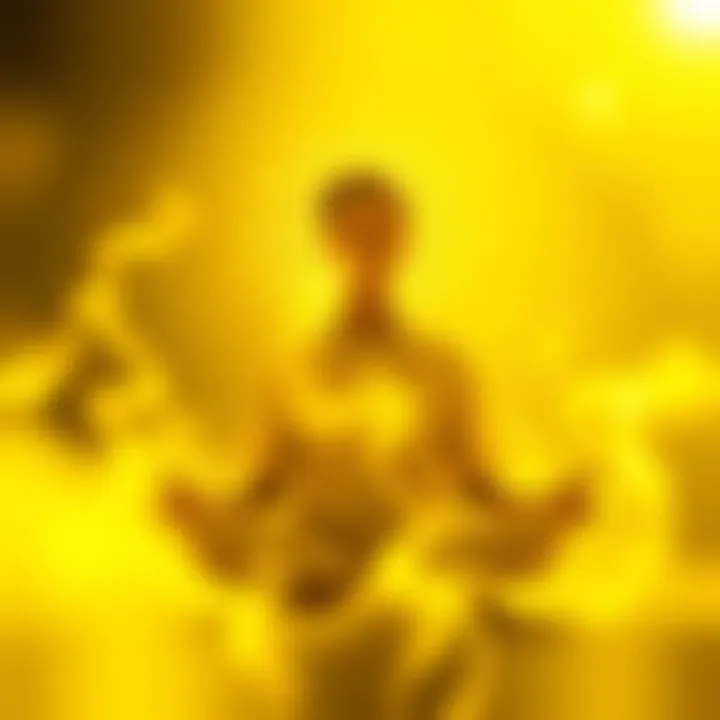 A person meditating with a soft creamy yellow light surrounding them, representing a higher mind experience.