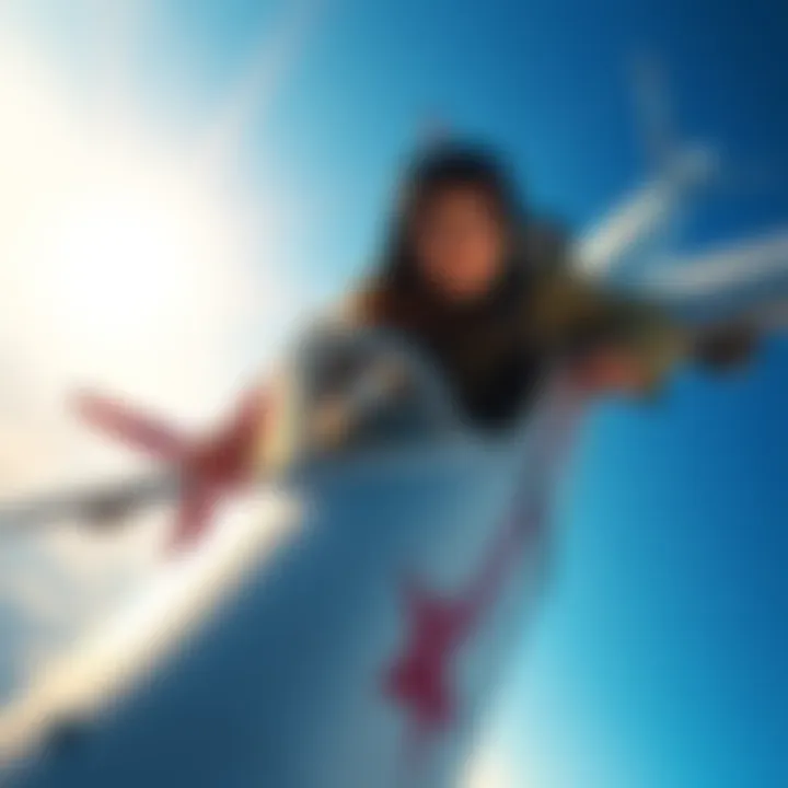 Rosa, Yemen's first female pilot, confidently flying her airplane against a bright blue sky.