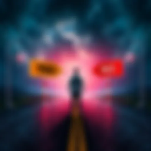 A person standing at a crossroads with signs pointing left for 'Yes' and right for 'No', symbolizing decision-making