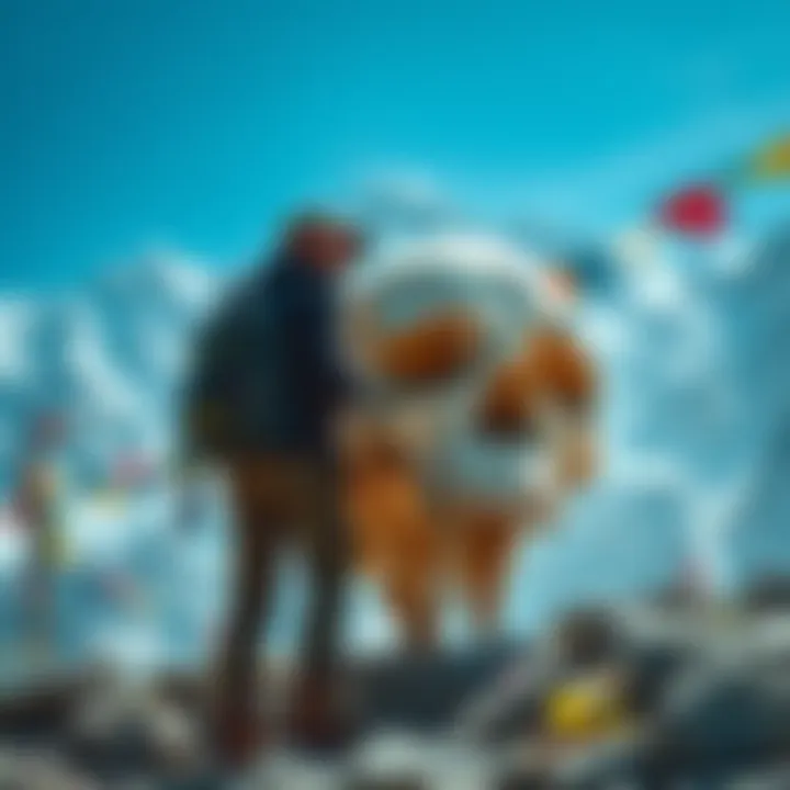 A hiker stands beside a large skull thought to be linked to the Yeti, surrounded by colorful prayer flags in the mountainous region of Nepal.