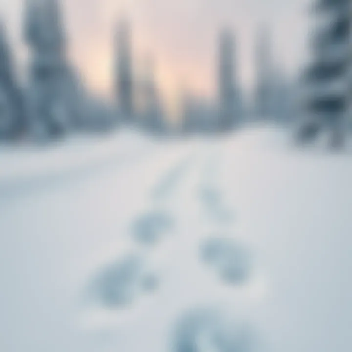 A set of large, mysterious footprints in the snow, leading through a snowy forest setting