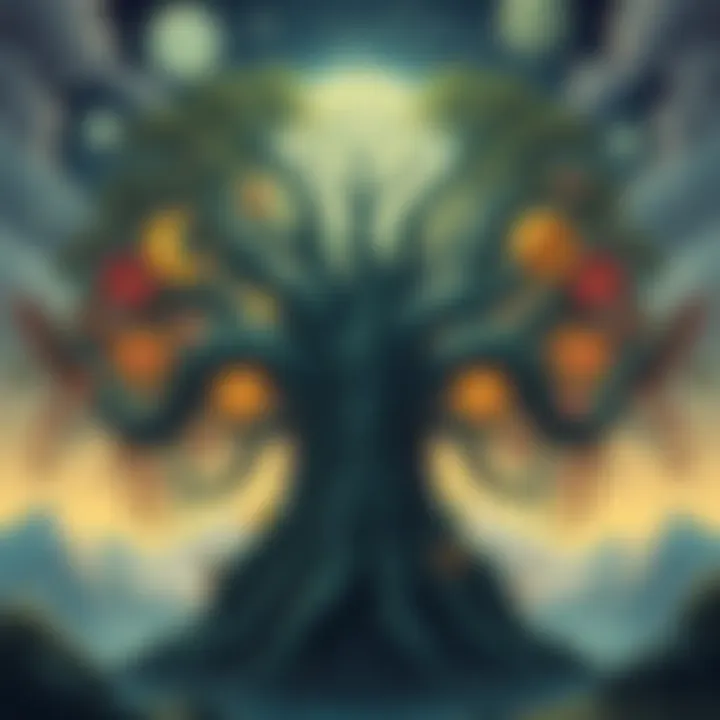 An illustration of Yggdrasil, the giant tree connecting different realms in Norse mythology, surrounded by symbols of Norse culture.