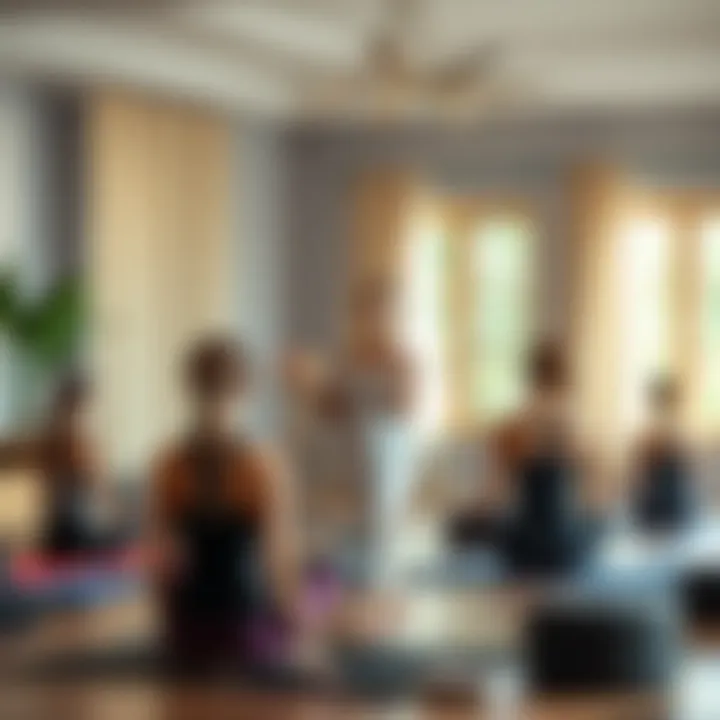 A serene yoga instructor guiding a class online, with students practicing Yin Yoga poses at home, creating a sense of community support