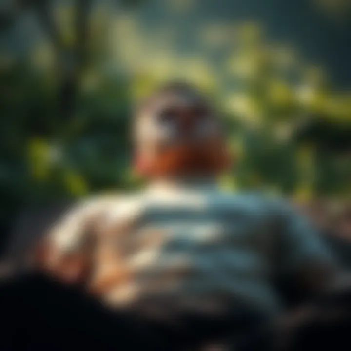 A person lying down in a peaceful setting, eyes closed, practicing Yog Nidra meditation, surrounded by soft light and nature.