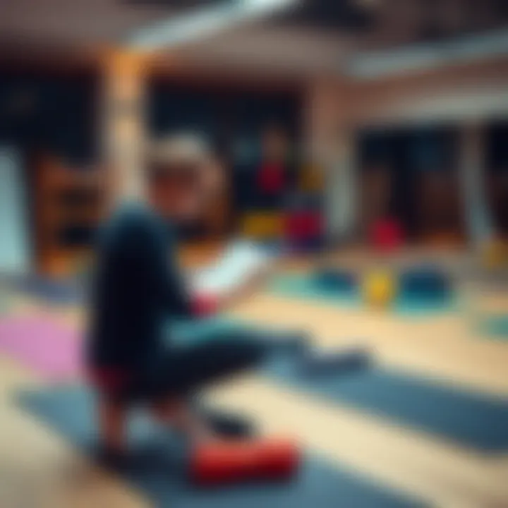 Yoga Instructor Preparing to Teach A yoga instructor in a studio setting, reviewing teaching materials while surrounded by yoga mats and props.