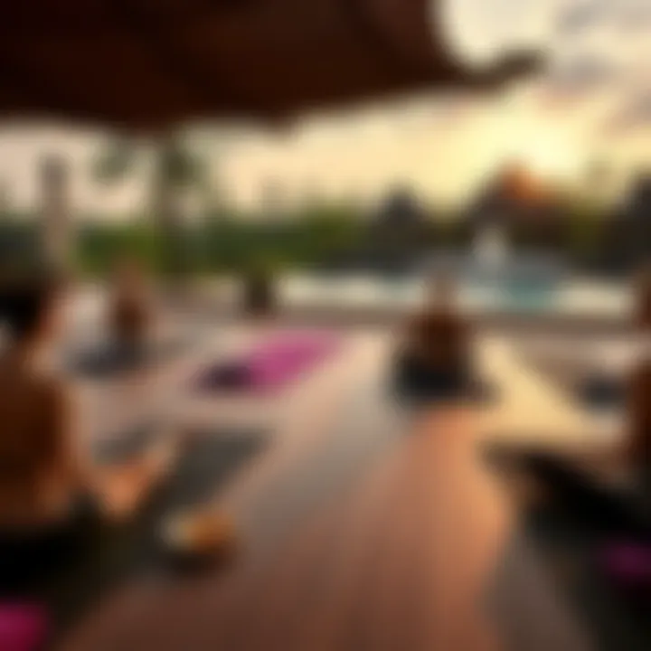 Yoga Teacher Training for Nut Allergies A serene yoga class with mats set up outdoors in Bali, highlighting a person practicing yoga while others enjoy a healthy snack nearby, focusing on nut-free options.