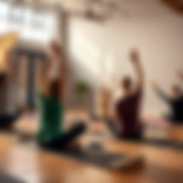 A group of beginners participates in a yoga class, guided by an instructor demonstrating poses, creating a welcoming and engaging atmosphere.