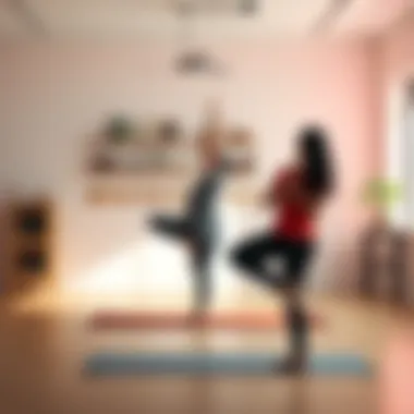 Yoga Class Disruption A yoga instructor demonstrates a pose while two students arrive late, causing distractions in the classroom setting.