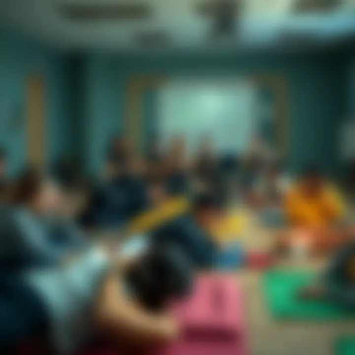 A yoga class with students distracted by their phones, some texting while lying down, creating a chaotic atmosphere during the session.