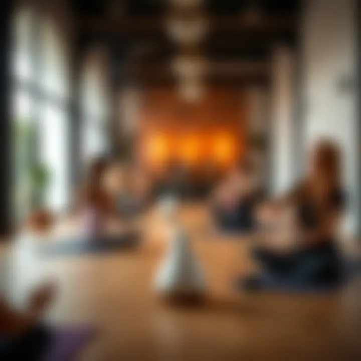 Yoga class setting with a focus on an essential oil diffuser instead of incense. Participants are practicing yoga in a calm environment, highlighting inclusive options for scent-sensitive individuals.