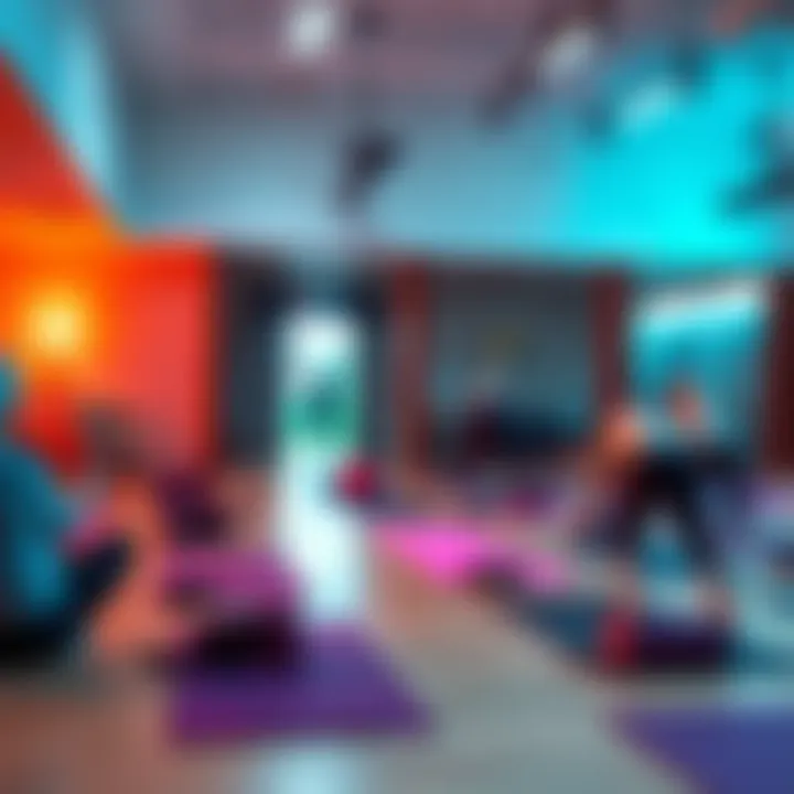 A yoga instructor preparing for a Hatha and chair yoga class, setting up mats and props for elderly gym members