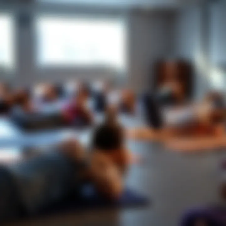 Yoga class relaxation A group of students lying on yoga mats during savasana, with a calm atmosphere and soft lighting in the room