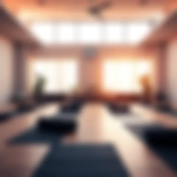 A calm yoga studio setting with mats rolled out for a gentle Vinyasa class, inviting people to practice yoga together. A clock shows early morning light coming through the windows.