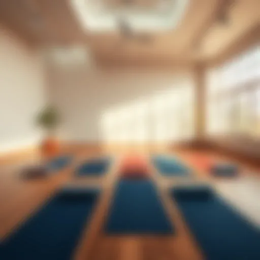 A peaceful yoga studio with mats laid out and a serene atmosphere