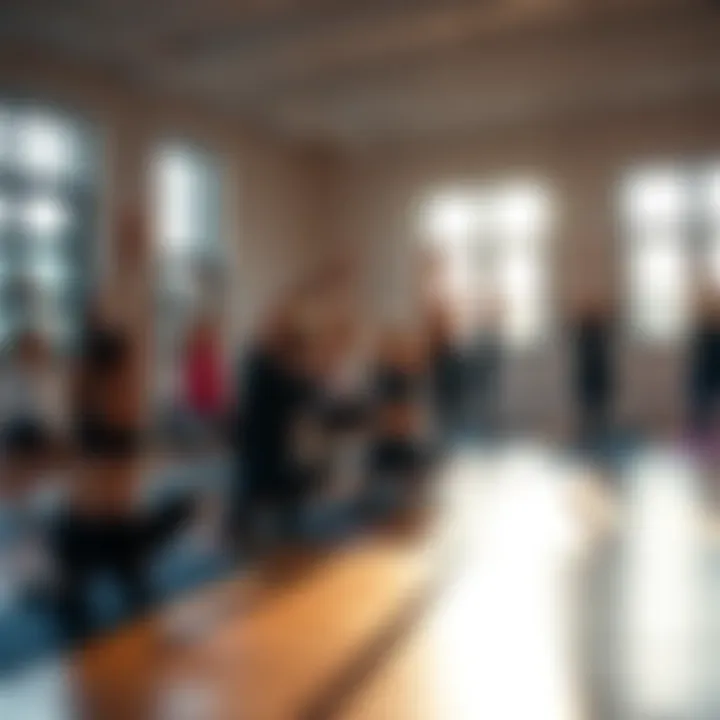 A group of people practicing yoga in a serene studio setting, focusing on their poses and breathing, with sunlight streaming in through the windows.