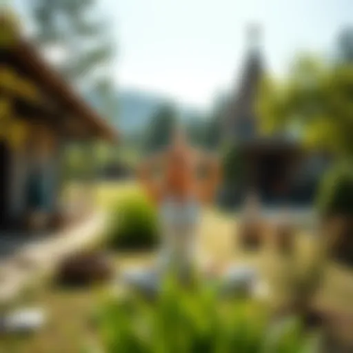 A young woman practicing yoga in a peaceful ashram, surrounded by nature and a sense of community