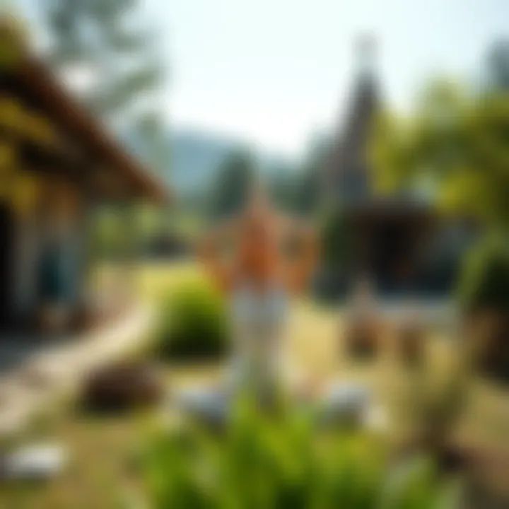A young woman practicing yoga in a peaceful ashram, surrounded by nature and a sense of community