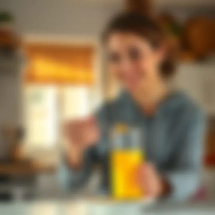 Yoga instructor holding a pint of urine as breakfast in a bright kitchen